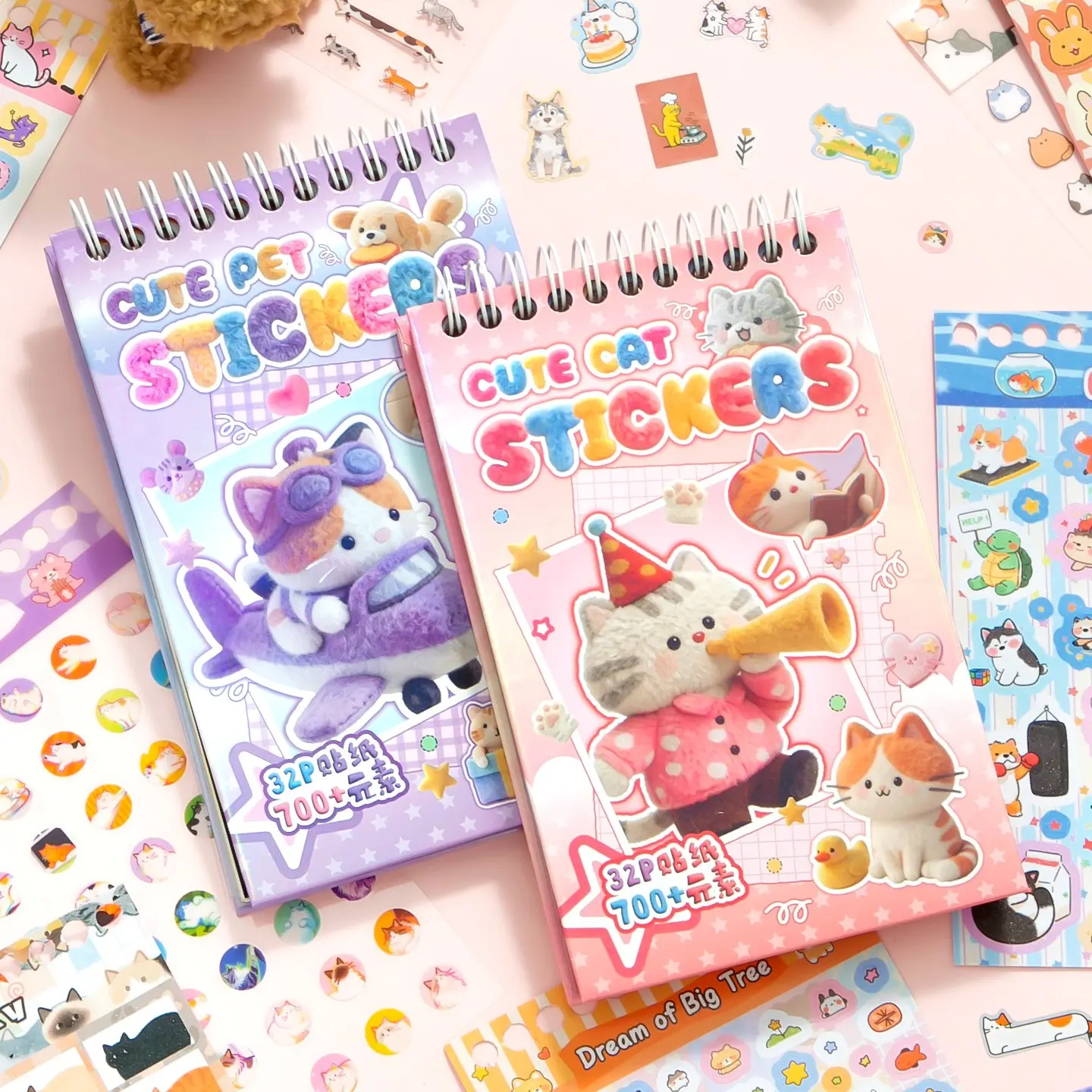 Cat Stickers Book, 32 Sheets Cute Cat Die-Cut Stickers for Journals & Planners, 16 Glossy, 4 Sparkle Sand & 12 PET Waterproof Stickers Decoration, Variety Pack Pet Lover Gifts