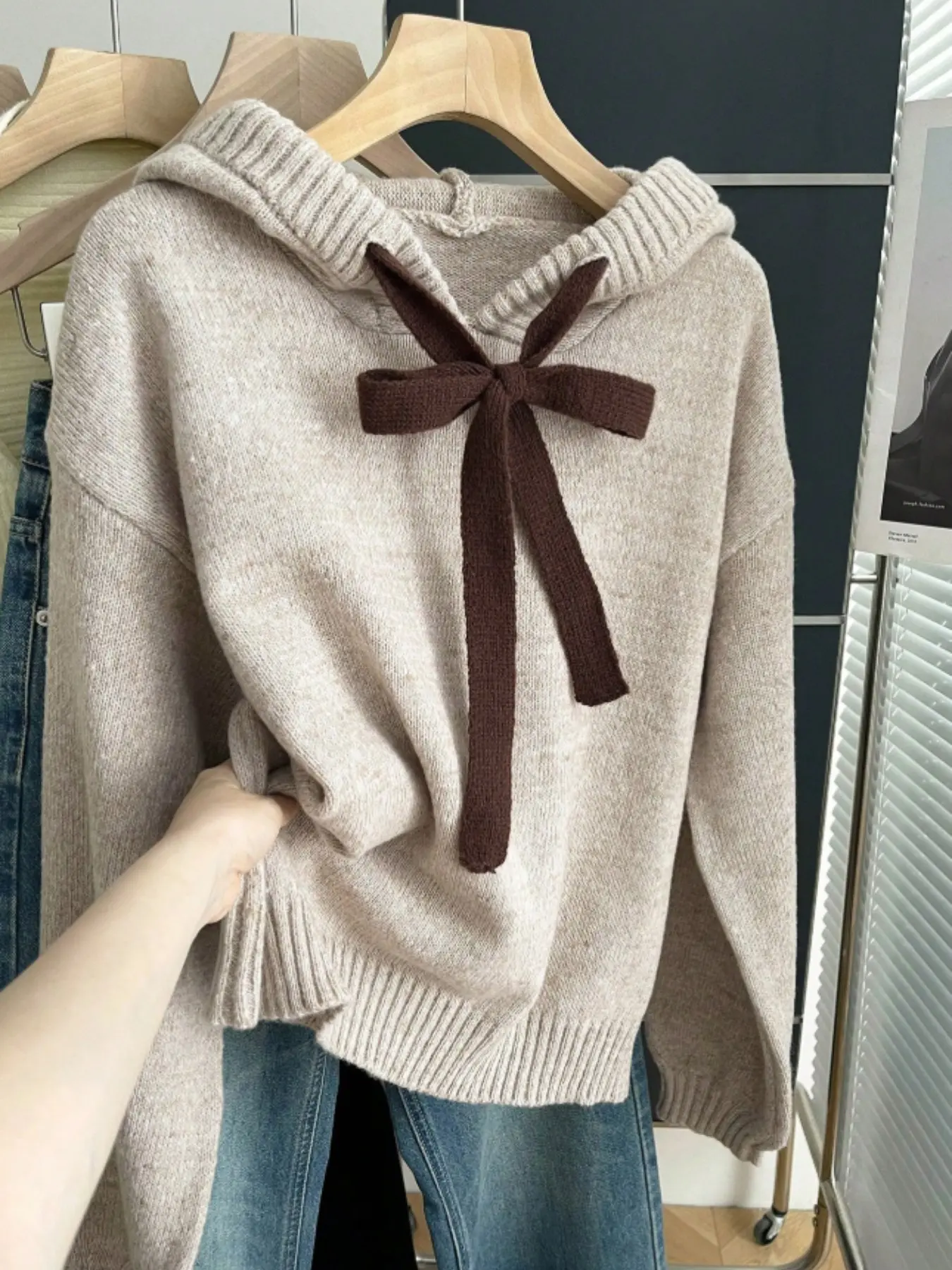 Fashion Bow Hat Knit Sweater for Women, Sweet Cute Long Sleeve Pullover, Casual Loose Fit Fall Winter Top, Soft Aesthetic Knitted Shirt, Knitwear