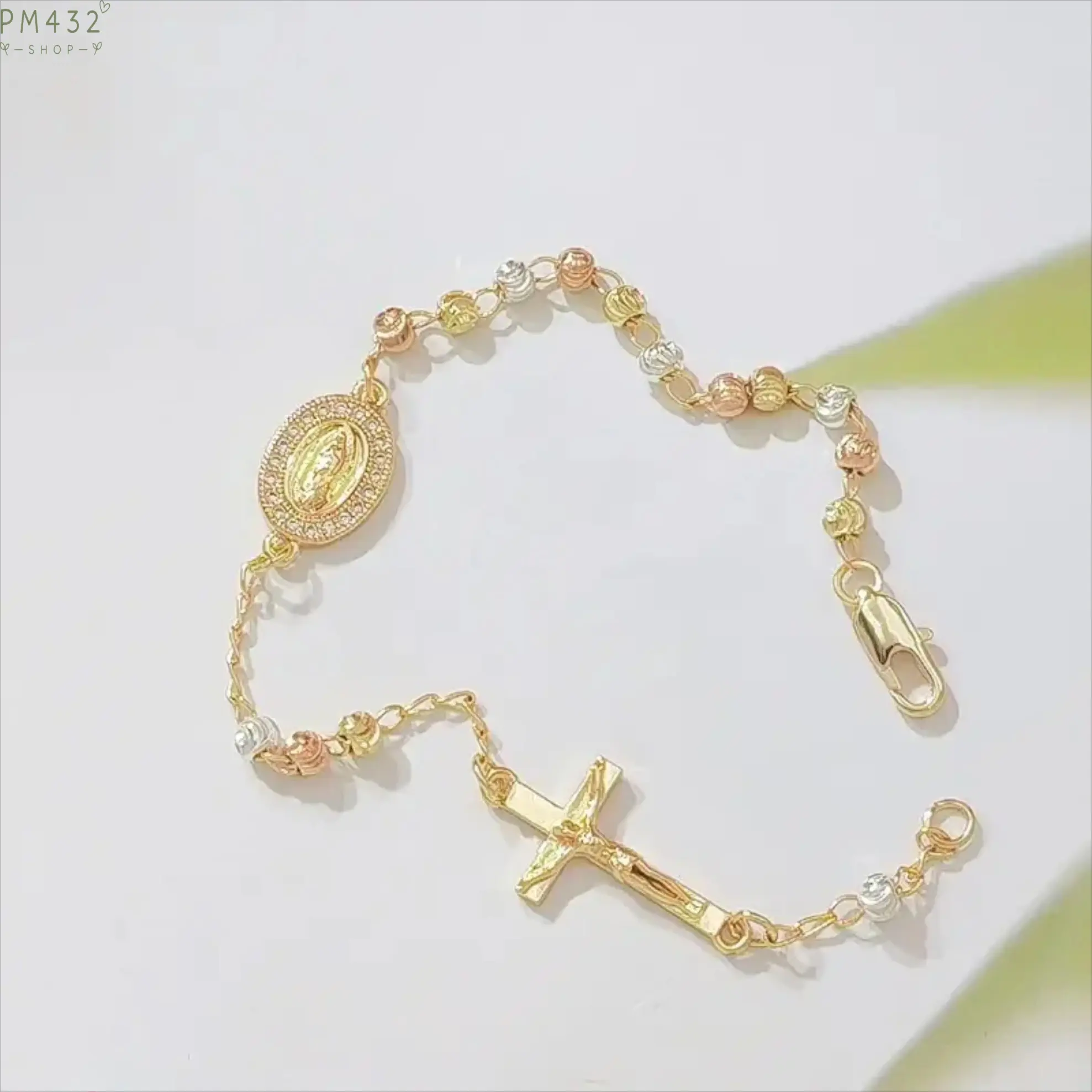 Tri Color Gold Plated Rosary Bracelet for Women, Guadalupe Medal & Cross Charm Chain Bracelet, Adjustable Faith Inspired Religious Jewelry, Dainty Catholic Style Wrist Bracelet Gift for Baptism, Confirmation, Birthday & Daily Wear