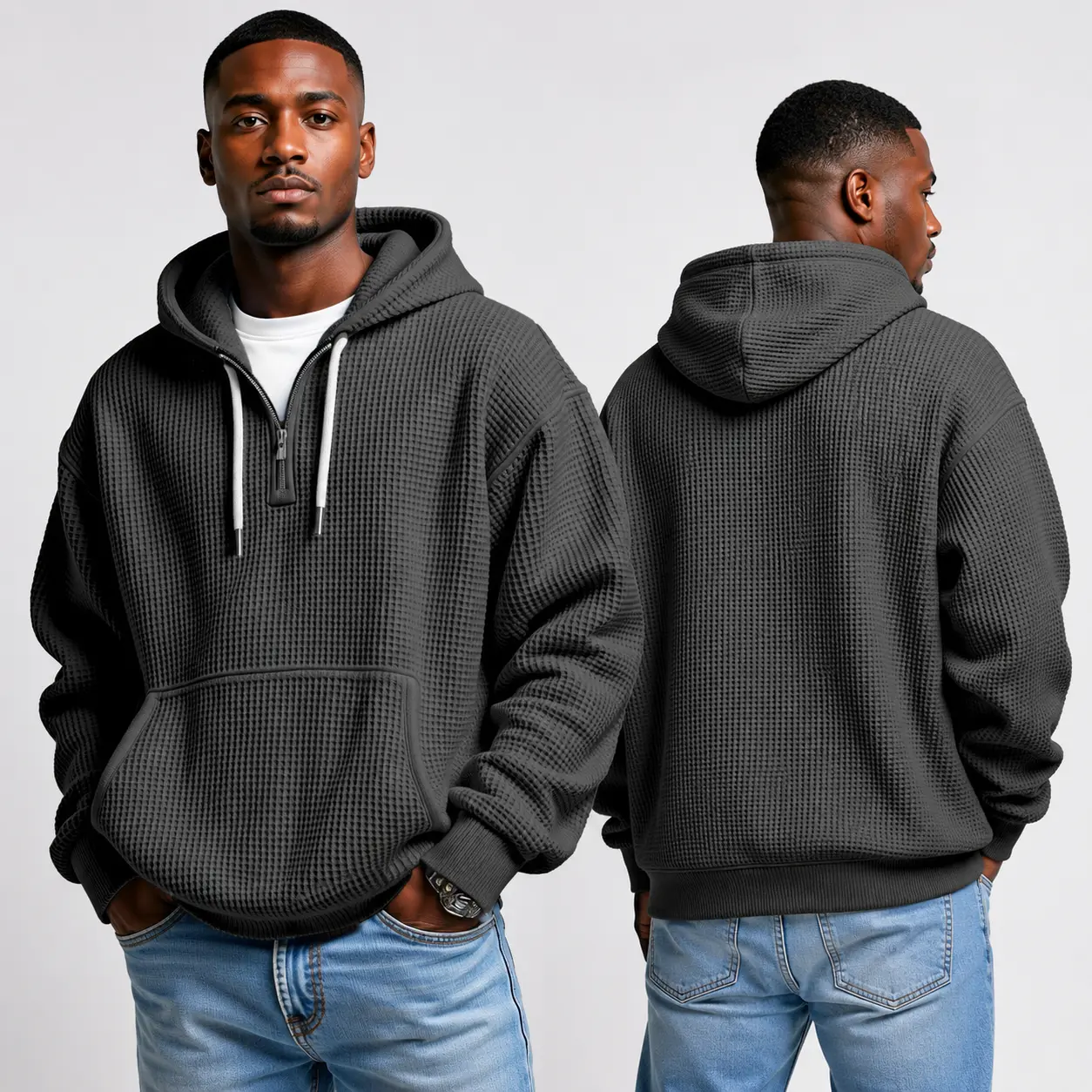 Men's Waffle Knit Half-Zip Hoodie - Casual Plain Streetwear Sweatshirt, Loose Ribbed Pullover, Soft Textured Fabric, Kangaroo Pocket, Long Sleeve, Fall Winter Outdoor Daily Layer