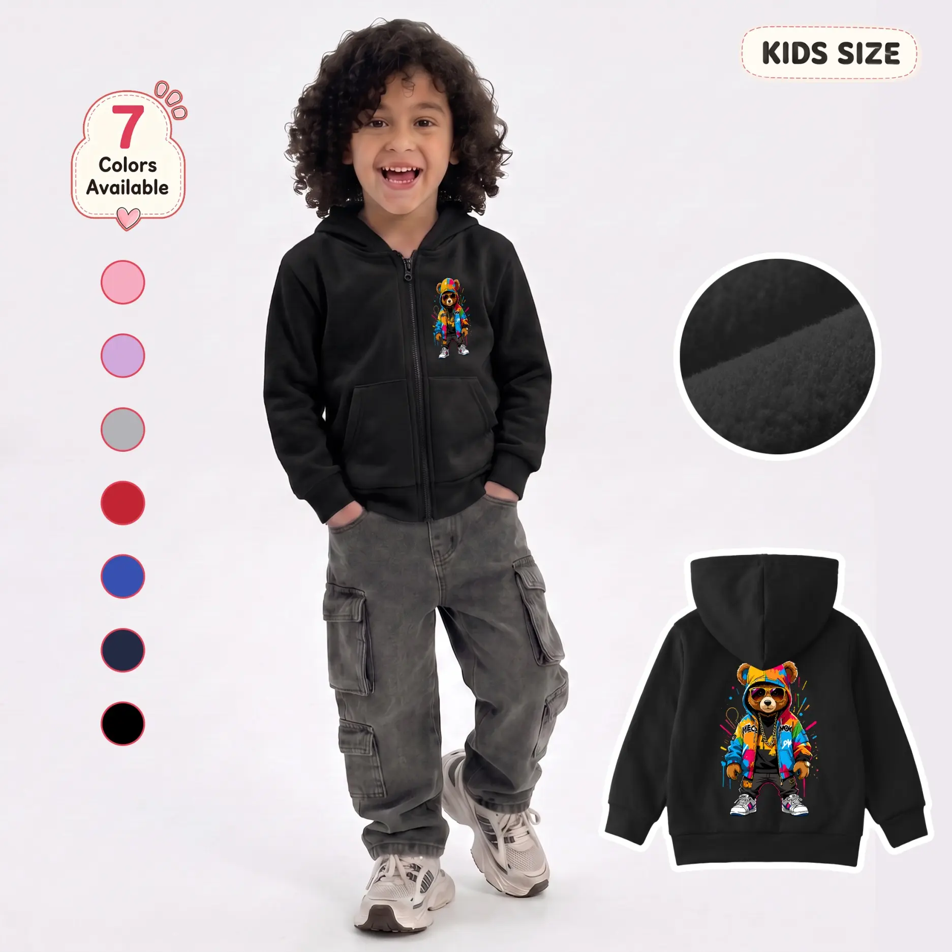 Boys’ Colorful Street Bear Graphic Zip-Up Hoodie, Trendy Mini Chest Print and Large Back Cartoon Design, Long Sleeve Hooded Jacket with Front Pockets for School, Travel, Outdoor Play and Daily Wear