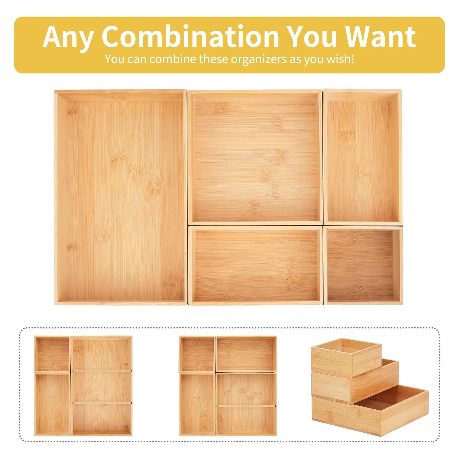 SICANDAENHK Maximize storage with this versatile bamboo drawer organizer!Adjustable dividers let you customize compartments, 7-grid trays keep small items sorted, stackable for space-saving use in kitchen, bathroom, office and vanity