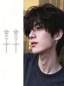 European and American Minimalist Cold Style Earrings, High-End Cool Trendy Individual Fashion Ear Rings, Cross Pendant Studs for Men and Women
