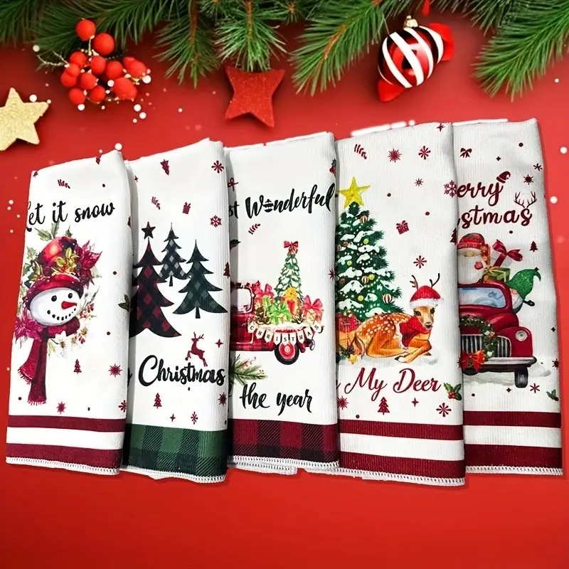 5-Piece Christmas Towel Set, Snowflake, Santa, Tree Patterns, Ultra-Fine Fiber Bath & Kitchen Towels, Festive Decor for Bathroom, Daily Use, Face Wiping