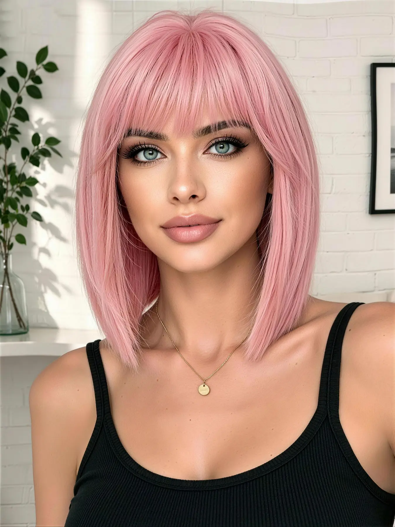 12-Inch Peach Bangs Short Straight Wig, Heat-Resistant Synthetic Hair, Face-Framing Style, Party, Daily, Holiday, Easy to Maintain, Women's Wig, Bixie Cut Wigs