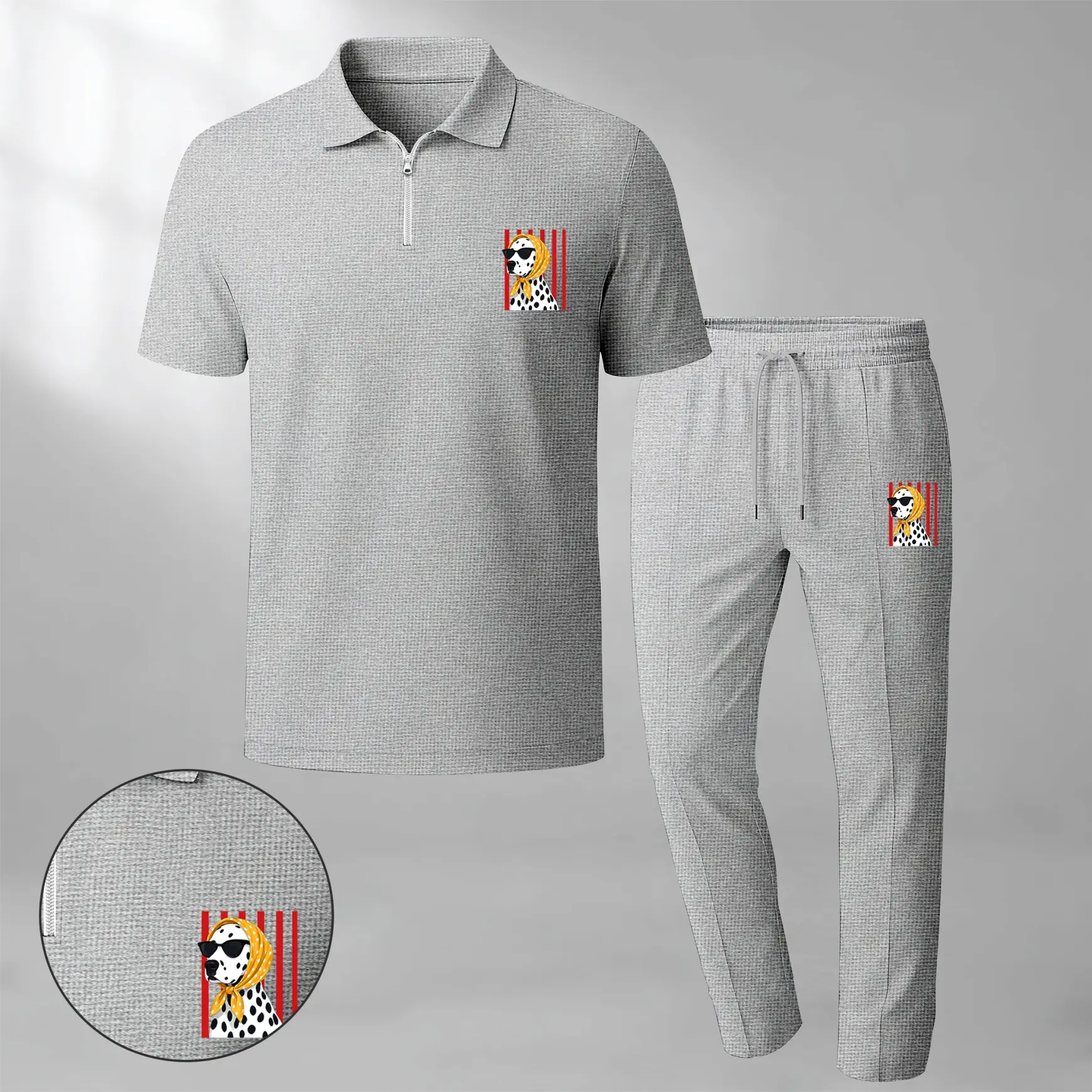 Men’s Dalmatian Dog Graphic Waffle Knit Polo Shirt and Pants Set, Short Sleeve Zip Collar Polo Top with Matching Drawstring Trousers, Casual Two Piece Outfit, Lightweight Comfortable Streetwear Set for Daily Wear, Travel and Summer Fashion
