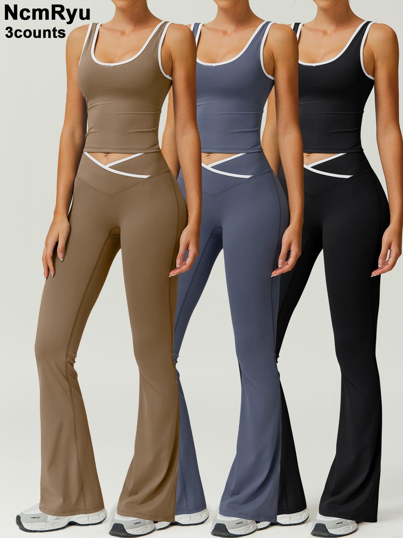 Two-Piece Set Women's Patchwork High Elastic Soft U-Neck Wide Shoulder Strap Vest Cross Waist Top Hip Flared Pants Yoga Clothes Four Seasons Running Gym sports training all-match vest, Workout Running Outfits, Activewear Set, Athleisure Sportswear Set