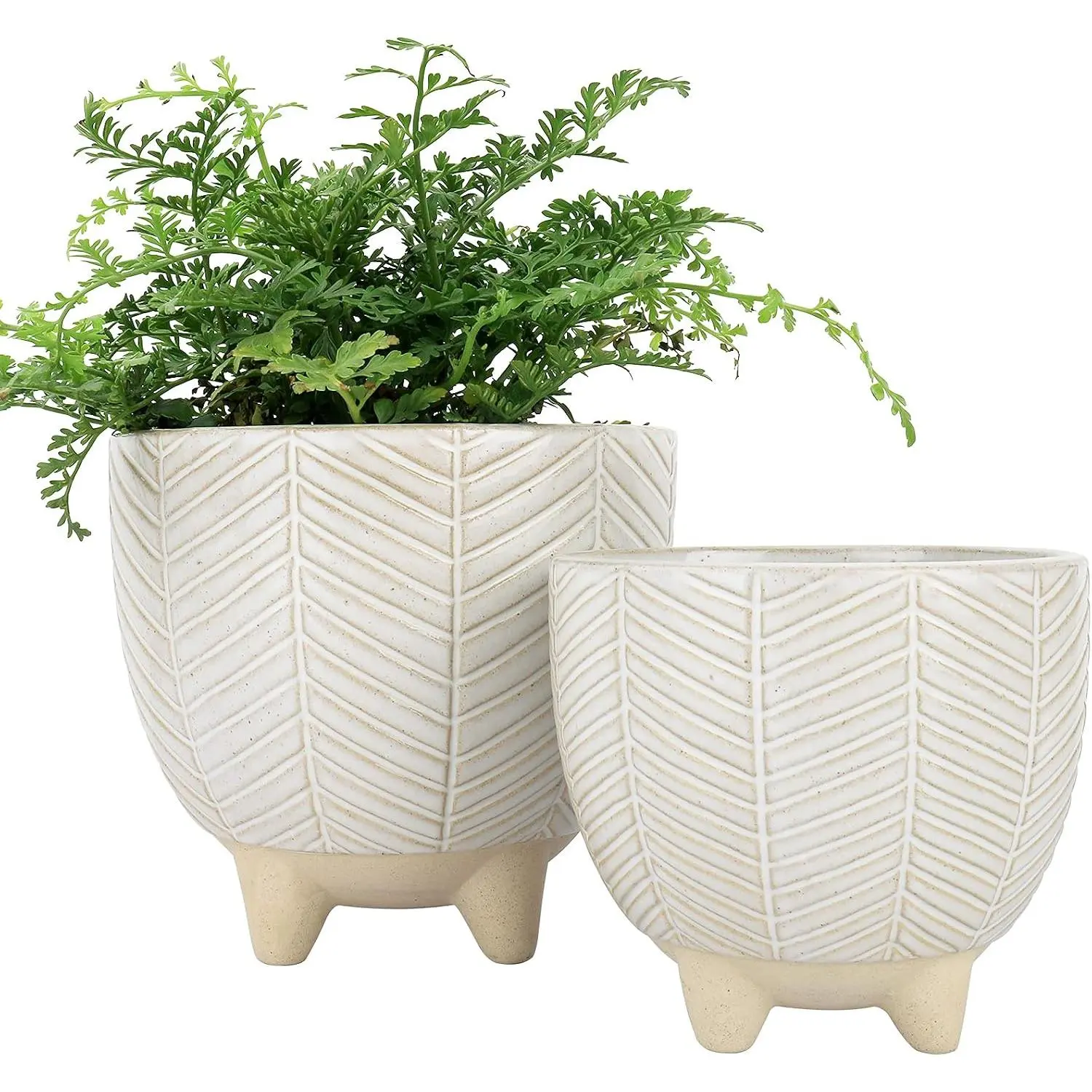 Ceramic Footed Flower Pnt Pots - 6.7 + 5.1 Inch Boho Decor Indoor Pnters with Drainage,  Decor , Beige
