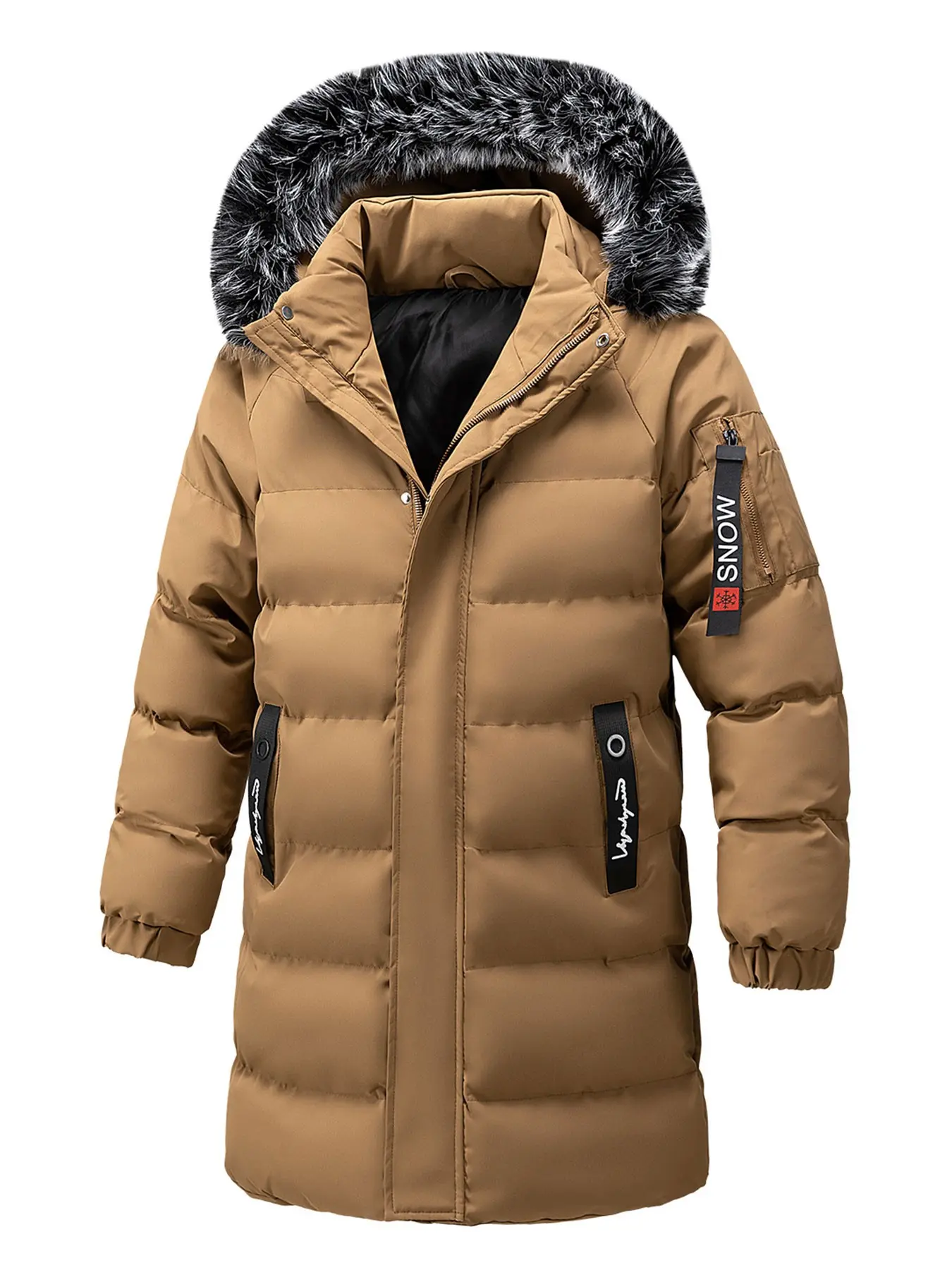 Men's Winter Loose Fit Mid-Length Hooded Jacket, Large Pockets, Fleece Lined Warm Outerwear, Street Style, Slim-Fitting