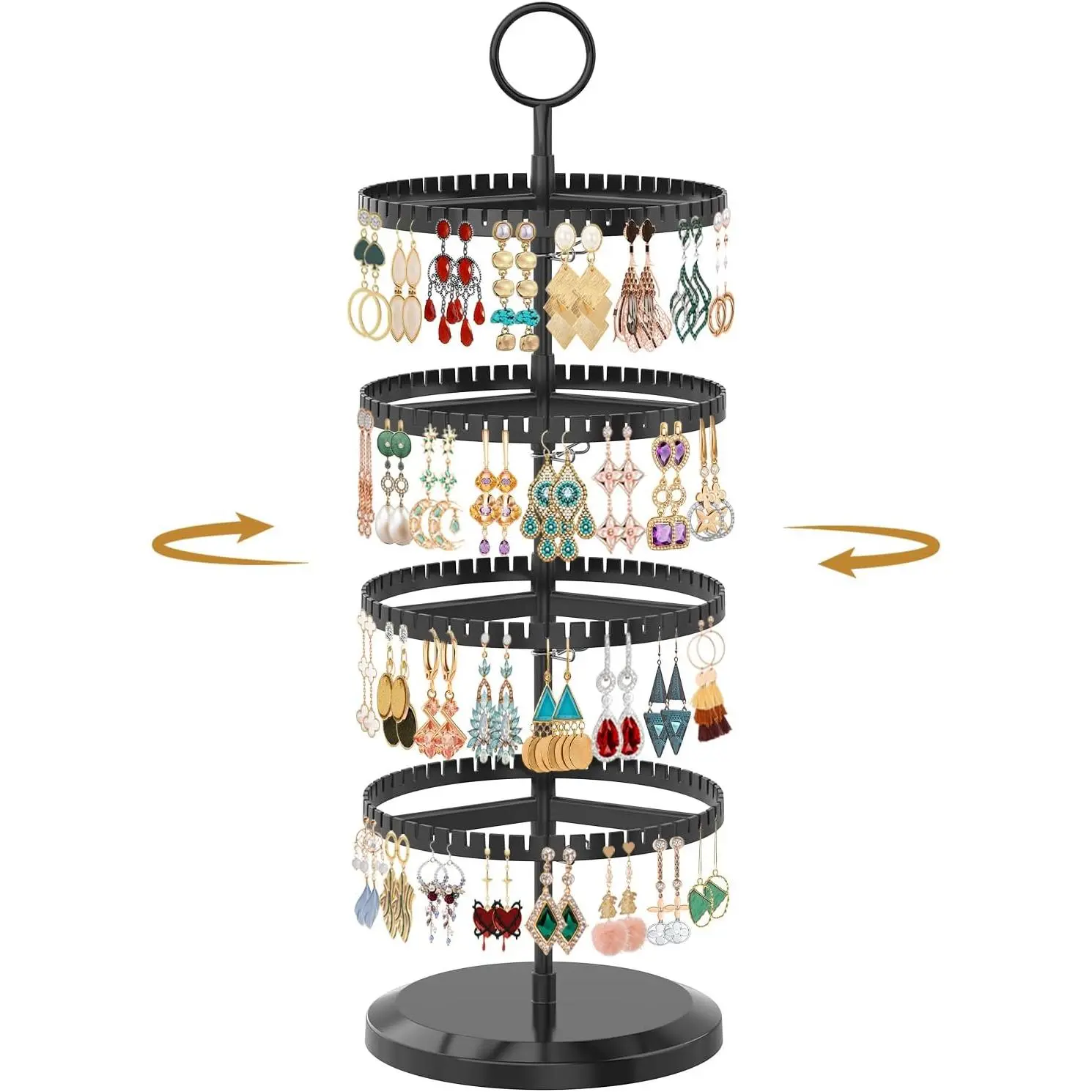4 Tier Rotating Earring Holder Organizer, Adjustable Metal and Plastic Stand Tree with 228 Grooves for Stud Hoop Pierced Dangle Display, Decluttered, Space-Saving Storage Rack for Women, Black