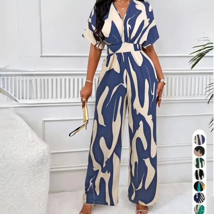 Women's Elegant Loose-Fit V Neck Short Sleeve Romper, Woven Fabric Wide Leg Pants, All Season Fashionable One-Piece Womenswear