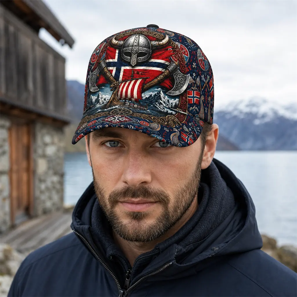Norway Viking Baseball Cap, Nordic Norse Graphic Print Hat with Norwegian Flags, Viking Helmet, Longship, Axe, Shield and Runic Design, Curved Brim Casual Cap for Men and Women, Scandinavian Heritage Headwear for Travel, Outdoors, Festivals and Gifts