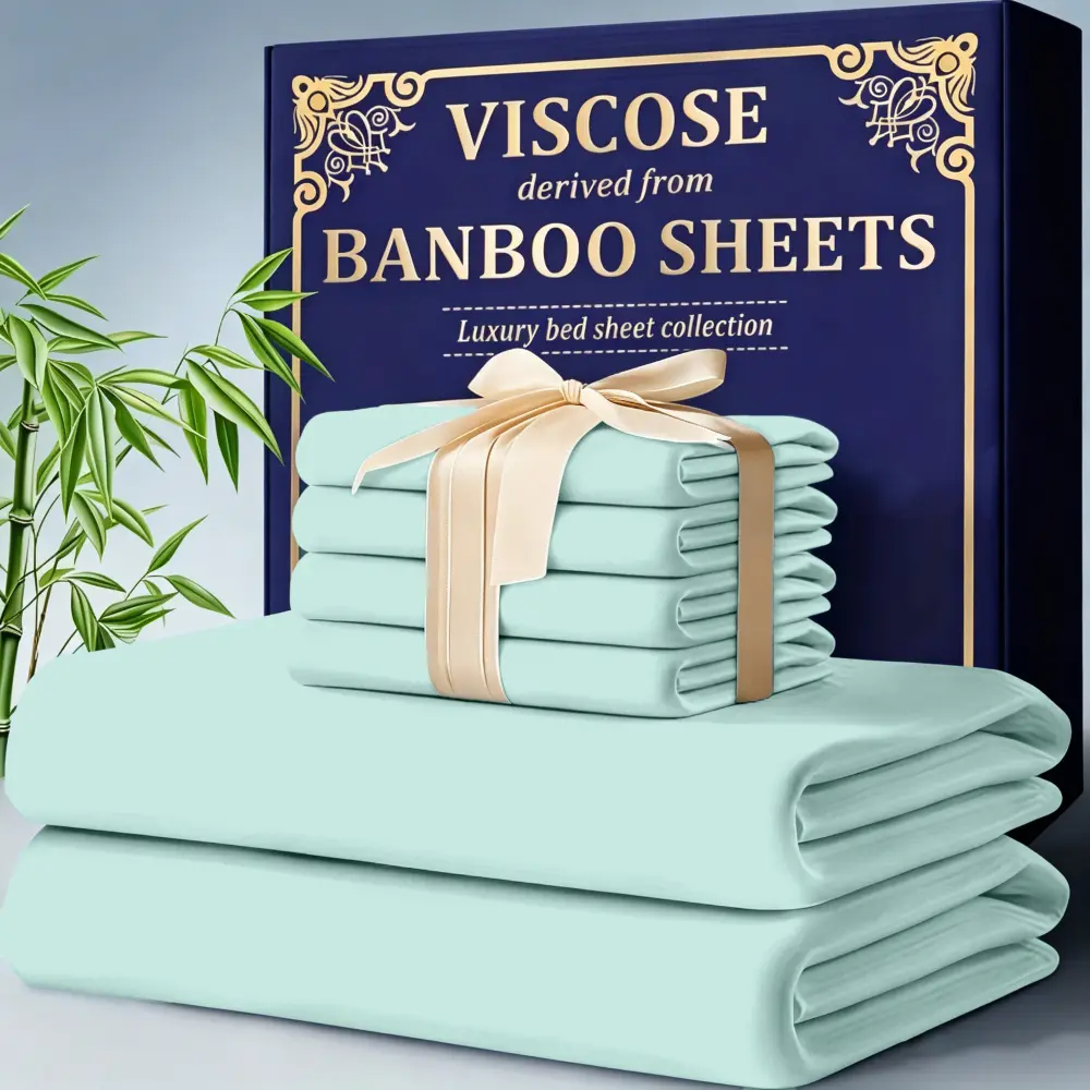 SASTTIE 4/6 Pcs Bamboo Sheet Set, Cooling & High Breathable, 14''Pocket for Mattress, Great For Children, Suitable for Hot Sleepers, Anti-Wrinkle Durable Bedding, Flat Sheet, Fitted Sheet, And Pillowcases, Best Choice For Rest, All Season