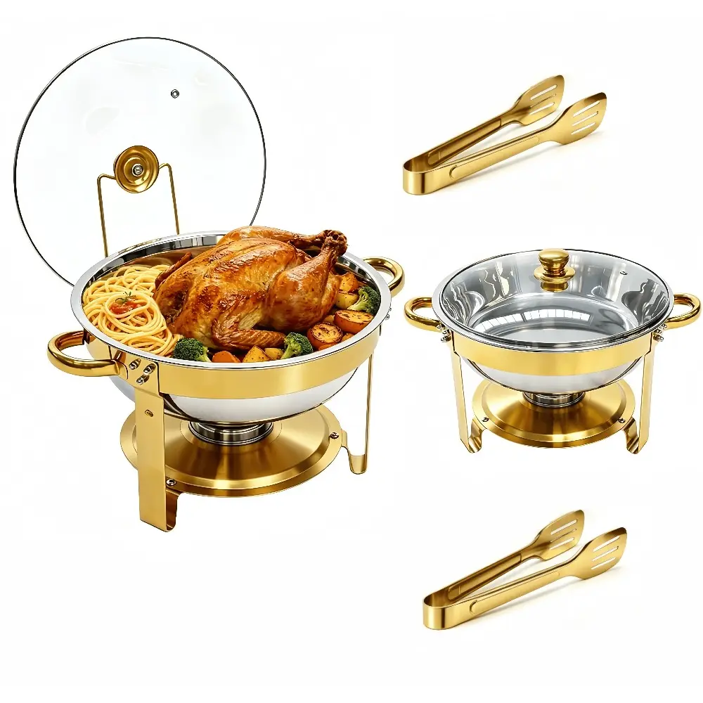 Self-service hot pot stove 5QT stainless steel gold round self-service hot pot, [95% pre-installed], with stainless steel gold base and self-service heating kit with cutlery holder. For cooking food insulation/hot pot heating only (