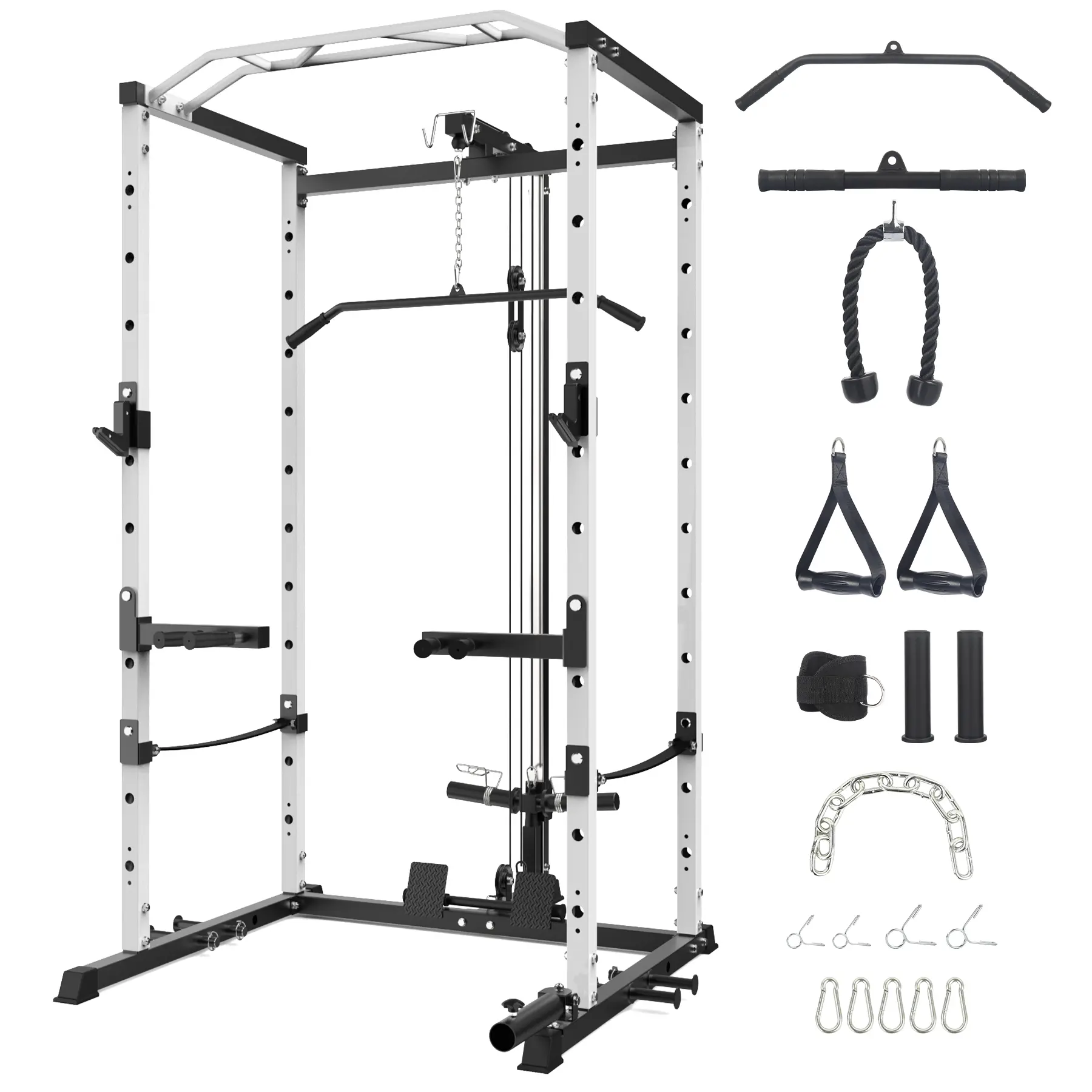 1600 lb Power Cage Strength Training Equipment - Gym Exercise Tool, Home Fitness Gear, Multifunctional Workout Gear, Black and White, High-Low Cable Crossover, Adjustable J-Hooks, 20 Attachments, Gym Exercise Equipment