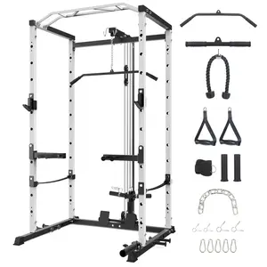 1600 lb Power Cage with High-Low Cable Crossover, Black and White, Adjustable J-Hooks, 20 Attachments