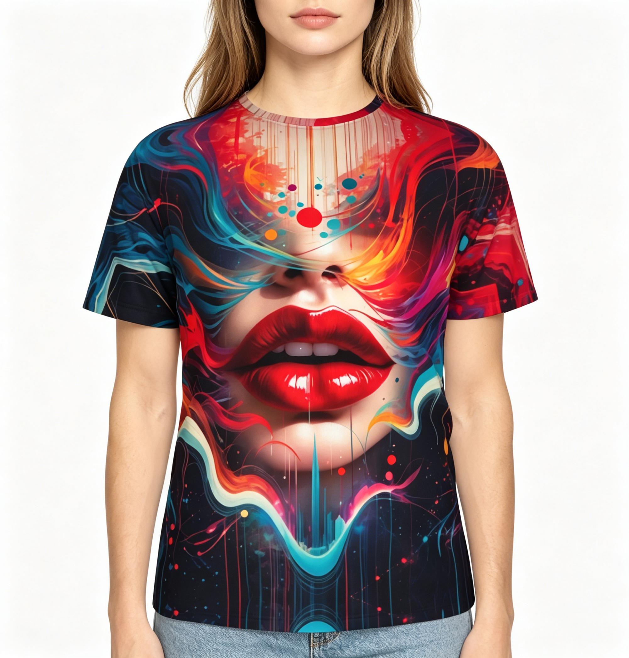 Abstract Art of Colorful Flame Lips Summer Full-Print Short-Sleeve 3D Printed T-Shirt Unisex Outdoor Comfortable Top Party Clothes Couple Pattern Gift for Friends