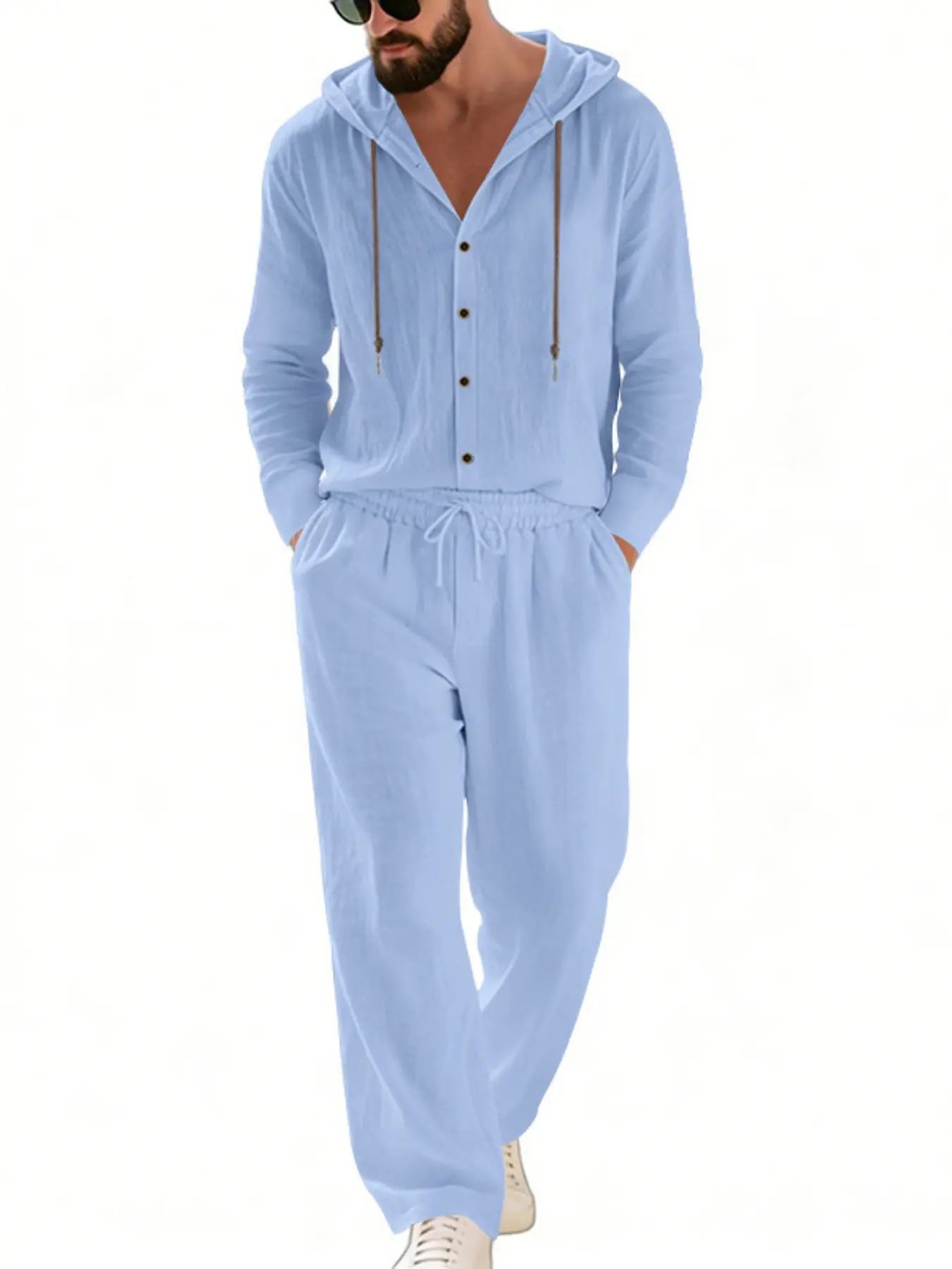 Summer men's linen loose-fit suit, long-sleeved shirt, linen straight-leg pants. Breathable and quick-drying. Suitable for spring and summer vacations. Comfortable and casual outfit. Perfect for payday. Lightweight and breathable. Casual Set