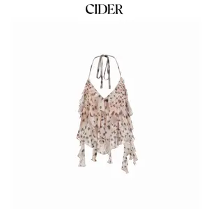 Cider Chiffon Leopard Print Halter Neck Ruffled Knotted Crop Blouse SummerWins Dealsforyou