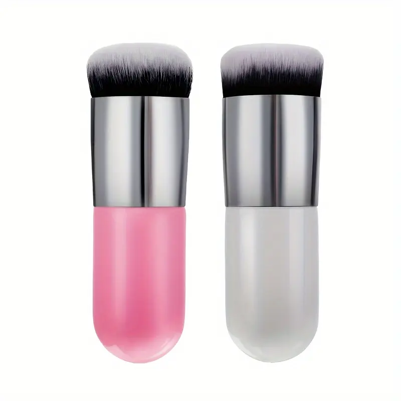 2 Pieces Pink and White Foundation Brush Chubby Makeup Brush Kabuki Makeup Brush Travel Powder Brush Beauty Duo Brush for Blending Liquid, Cream or Powder Cosmetics