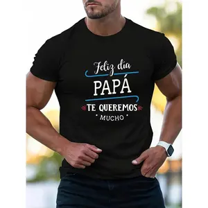 Home Break Men's Black Cotton T Shirt with Feliz Dia Papa Spanish Father Print Sweat Absorbing Comfortable Short Sleeve for Daily Wear External Work and Casual Style