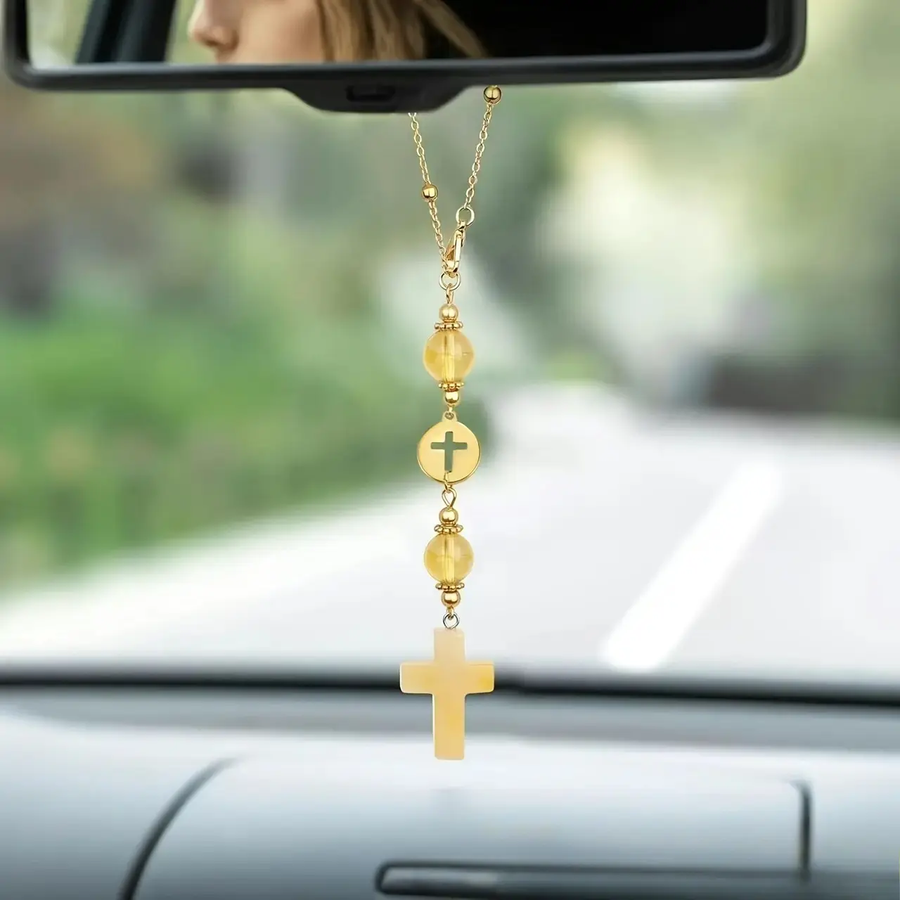 Cross Crystal Hanging Car Charm Rear View Mirror Decor Boho Sun Catcher with Tiger Eye Healing Stones Spiritual Protection Car Accessories Trendy Handmade Crystal Car Pendant for Women Car Interior Decoration Gift for Driving Travel