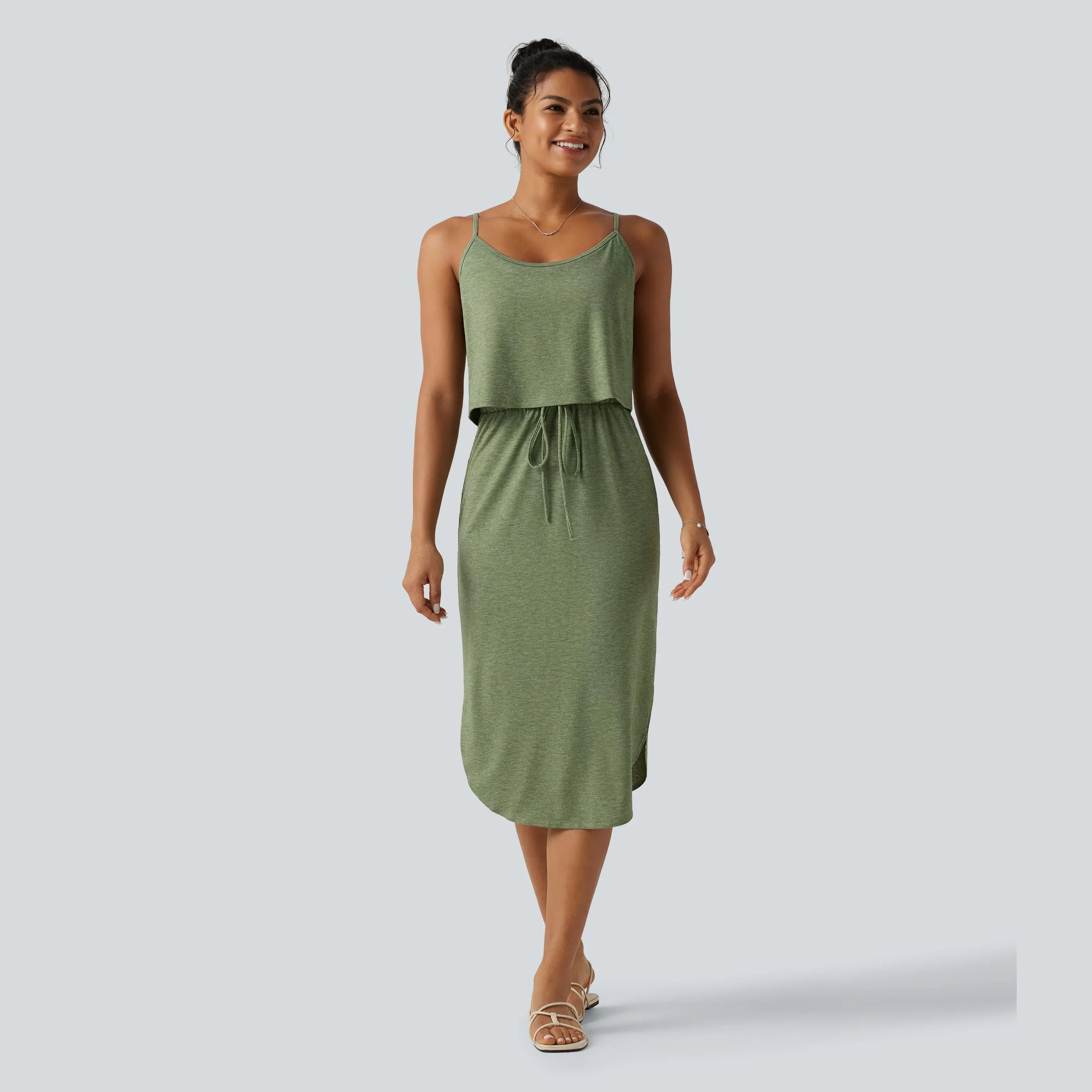 Halara Drawstring Curved Split Hem Midi Casual Slip Dress