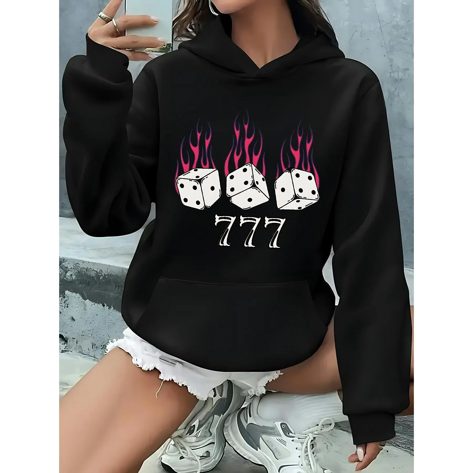 Women's Hooded Sweatshirt |   Dice and 777 Pattern Print, Casual Pullover, Front Pocket, Machine Washable