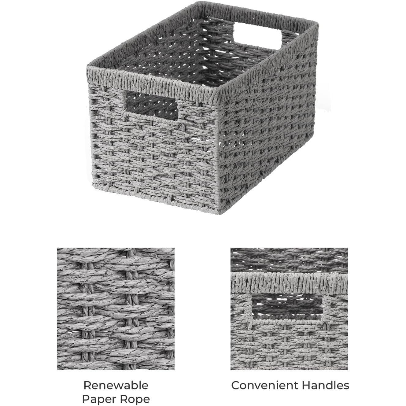 Round Paper Rope Storage Baskets, Rectangular Wicker Baskets with Built-in Handles, Gray, 2-Pack