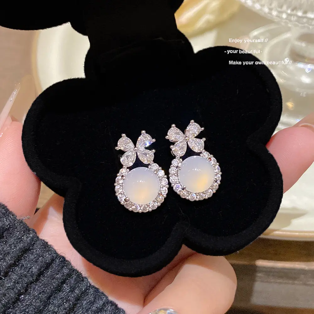 DOUX Opalescent Crystal Bow Drop Earrings for Women – Silver-Tone Halo Stud Jewelry