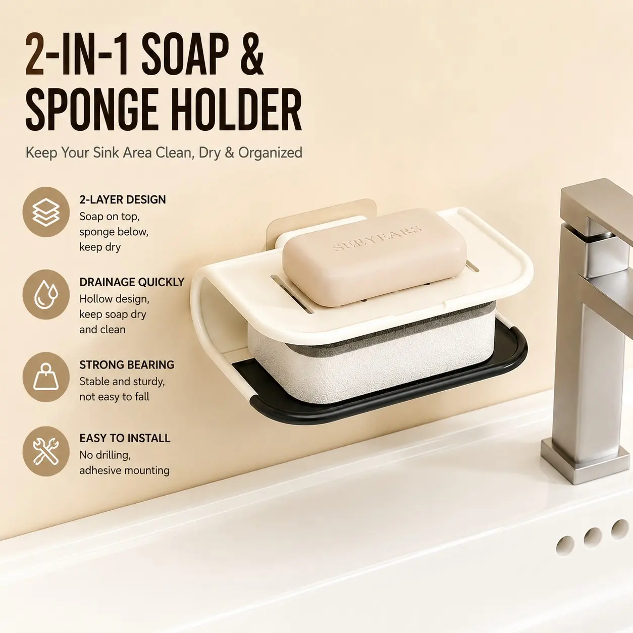 Wall-Mounted Dual-Layer Soap Holder with Removable Tray, Rust-Resistant Quick-Dry Soap Rack, Self-Adhesive Bathroom Organizer