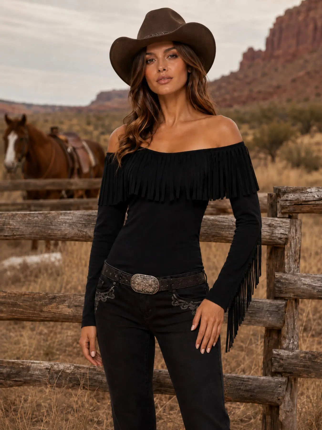 American Western One-Shoulder Fringe Top, Sleeveless Design with Fringes, Slim-Fitting Long-Sleeve Base Layer, Trendy and Stylish Women