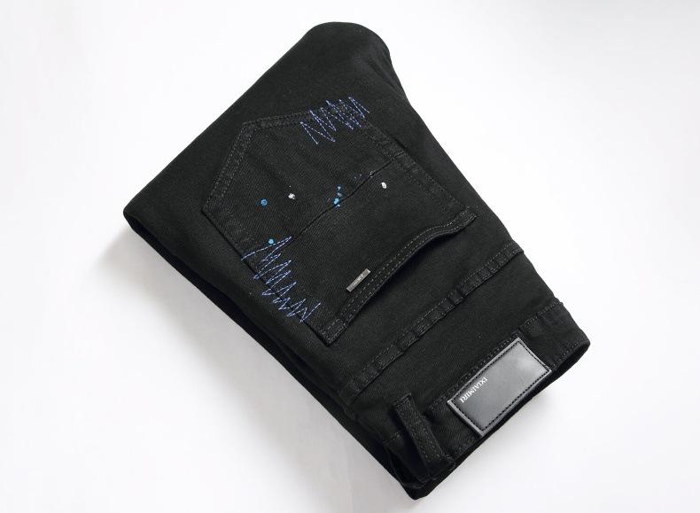 European and American High Street Black Cross Badge Rhinestone Distressed Jeans Men's Slim Fit Casual Long Pants Trendy Brand Streetwear Menswear