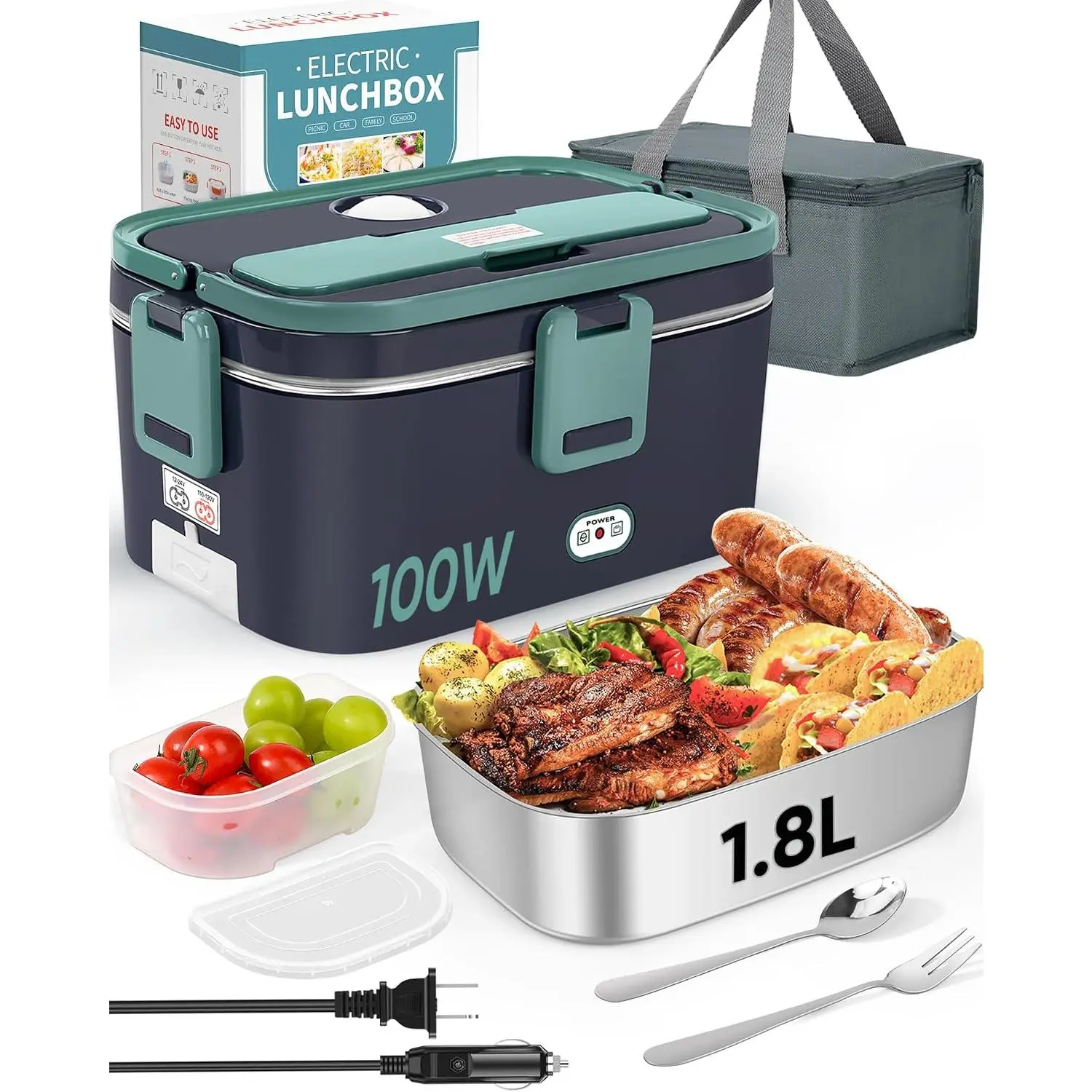 Electric Lunch Box  Heater Warmer 100W, 1.8L Portable Heated Lunch Box for   Work with Stainless Steel Container Fork & Spoon 12/24/110V Lonchera Eléctrica