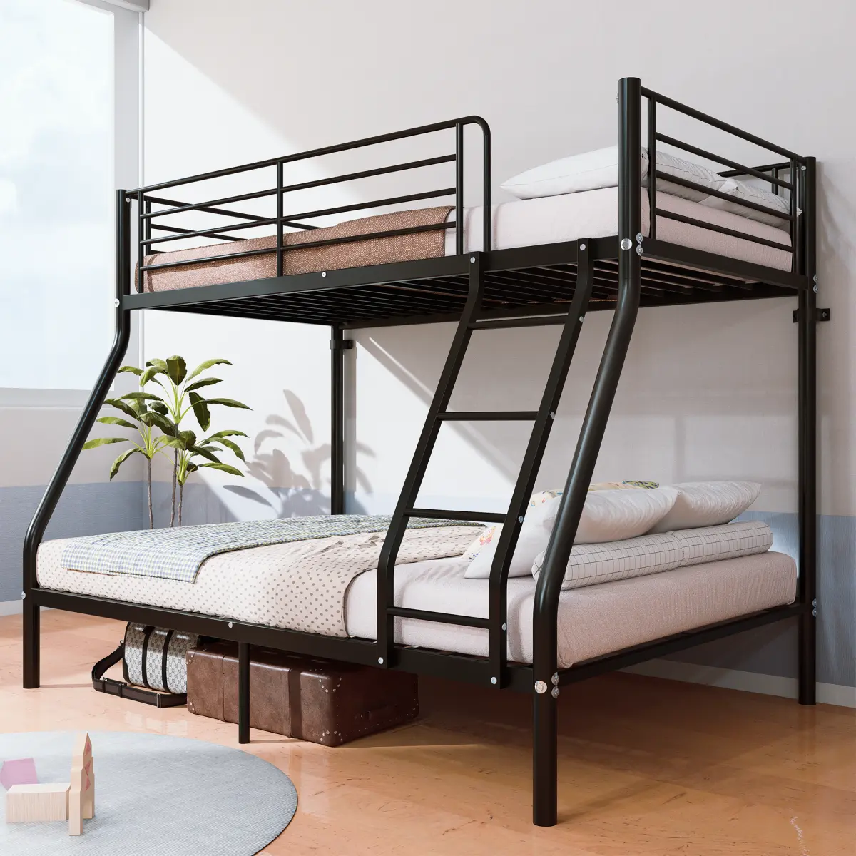 Twin Over Full Metal Bunk Bed with Ladder & Guardrail, Black Sturdy Steel Frame, 400 Lbs Bunk, Space-saving, Guardrails, Ladder, Easy Assembly, No Box Spring.