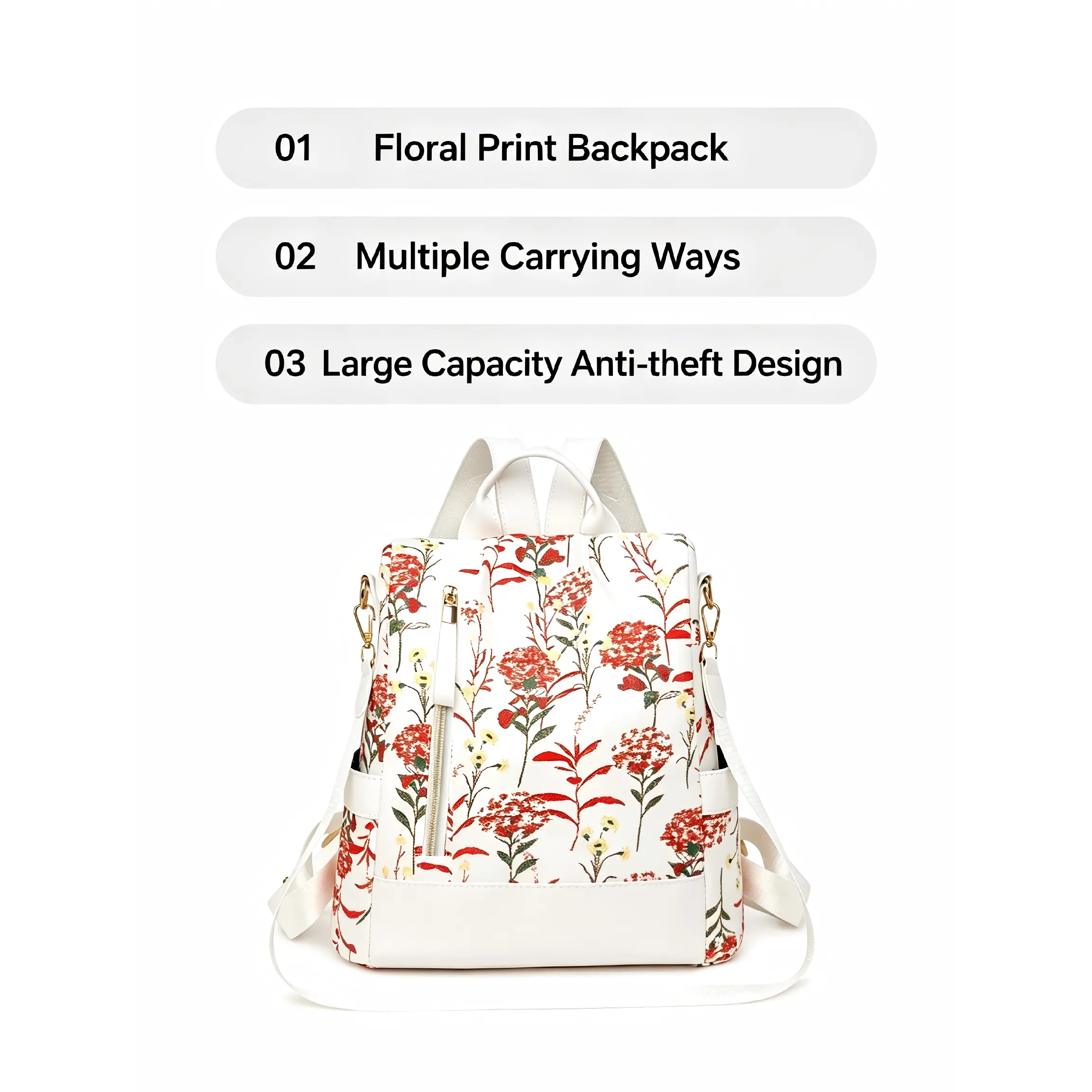 Floral Print Anti-theft Backpack Multiple Ways To Wear Casual Travel Shoulder Bag