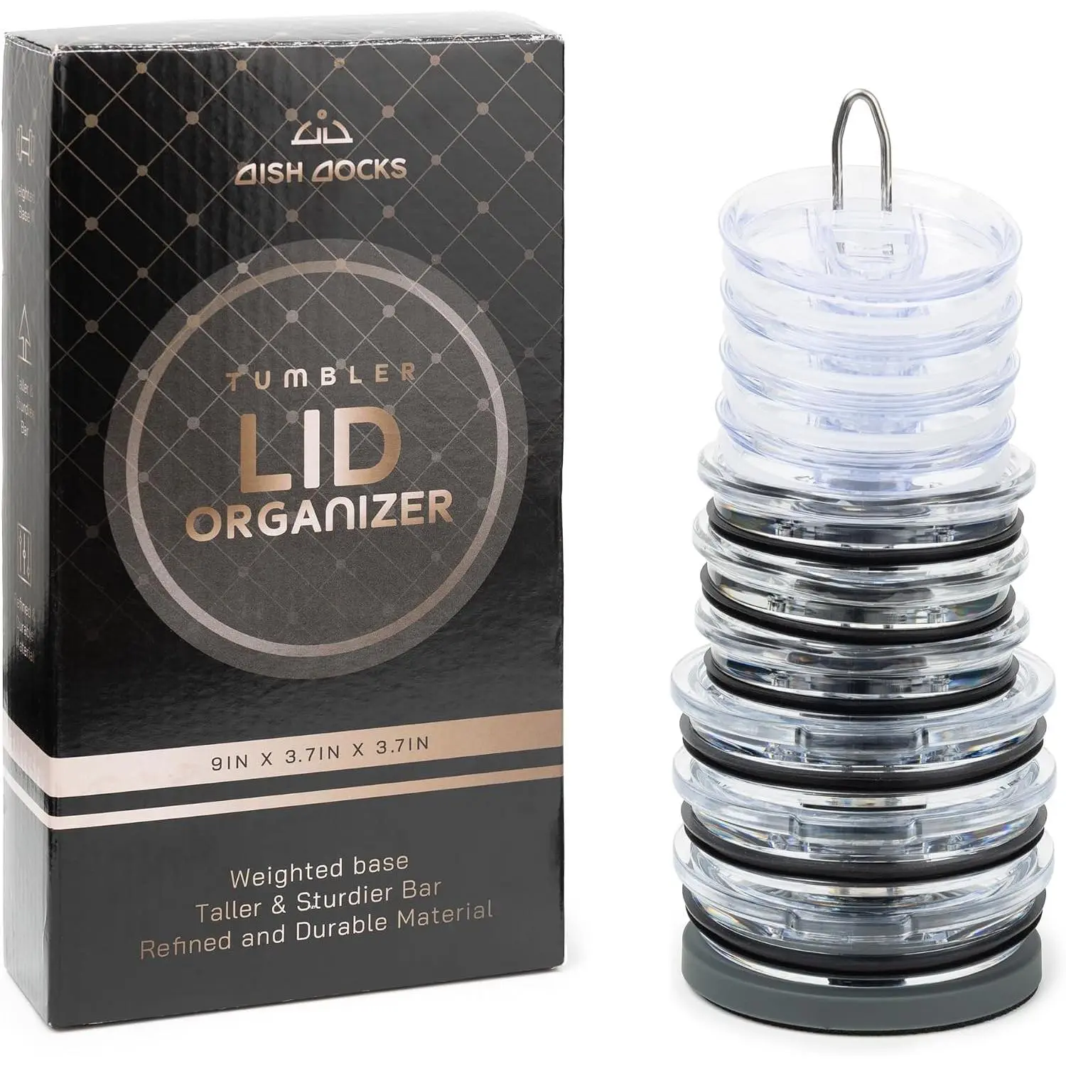 Tumbler Lid Organizer for Cabinet & Countertop - Slim Space-Saving Lid Holder with 9" Sturdy Bar & Weighted, Non-Slip Base - Vertical Storage Cup Lid Organizer - Collapsible Lid Rack for 10