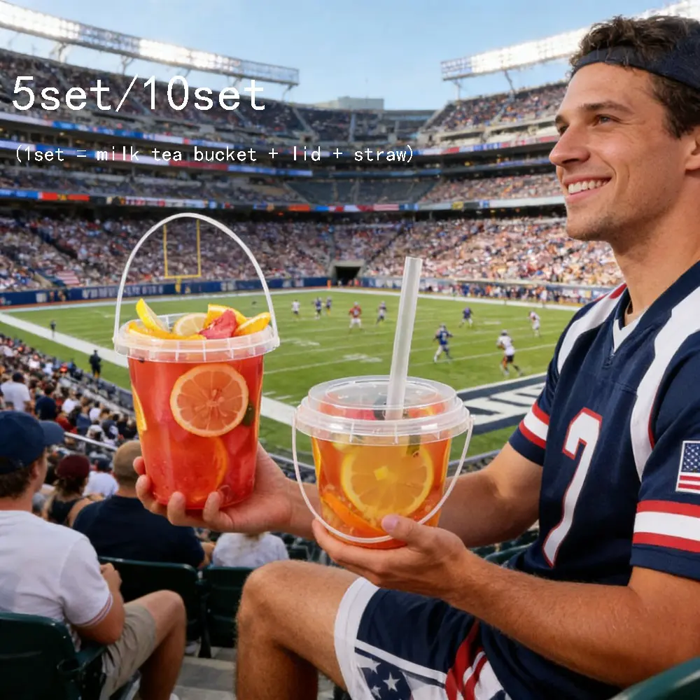 15/30pcs Transparent Large Capacity Milk Tea Bucket with Straw and Lid, Disposable Fruit Bowl, Outdoor Portable Cup with Handle, Party Sharing Juice Container, Disposable Party Cups, To Go Cups with Lids and Straws