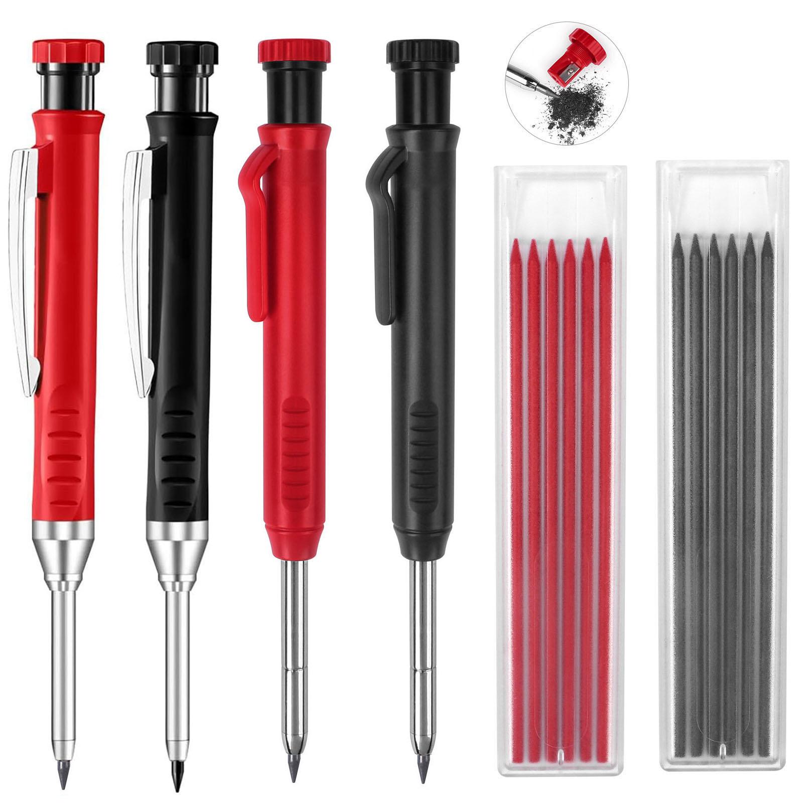 Mechanical Pencil Set, Mechanical Drawing Pencils, carpenter pencil sets, 2 Carpenter Pencils and 12 pen refills, Construction pencils for construction and woodworking, deep hole marking, durable construction tools, black and red with box