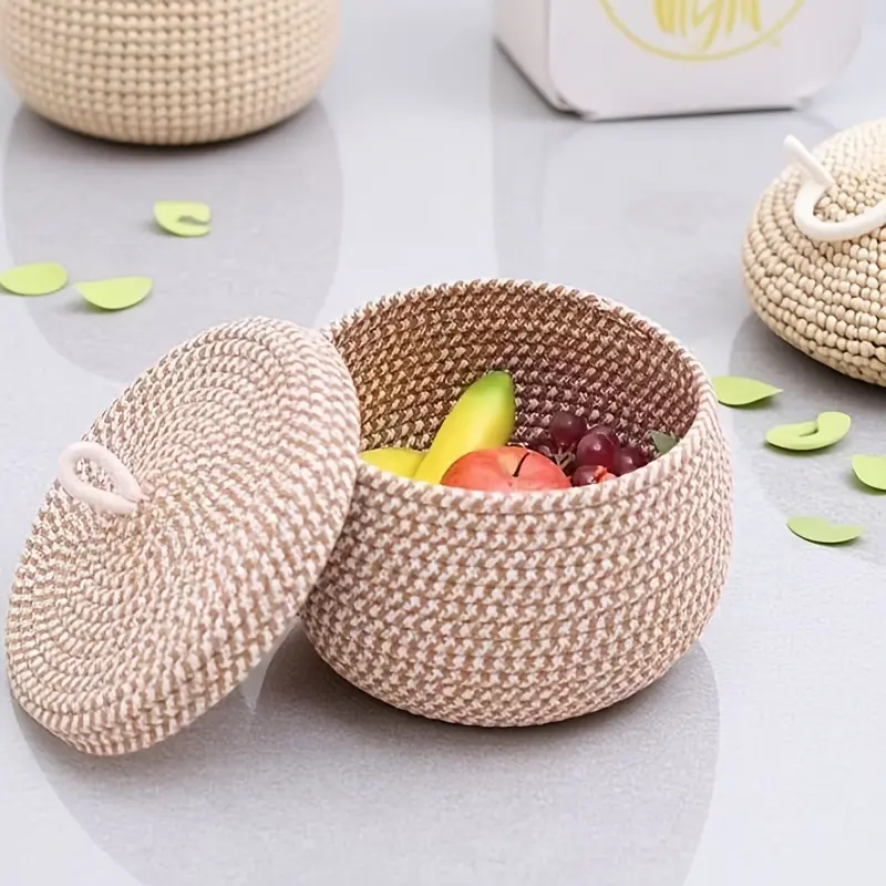 Portable Round Woven Storage Basket with Lid, Modern Fabric Patchwork Organizer, Stackable Design for Eggs, Kitchen Living Room Coffee Table Decor