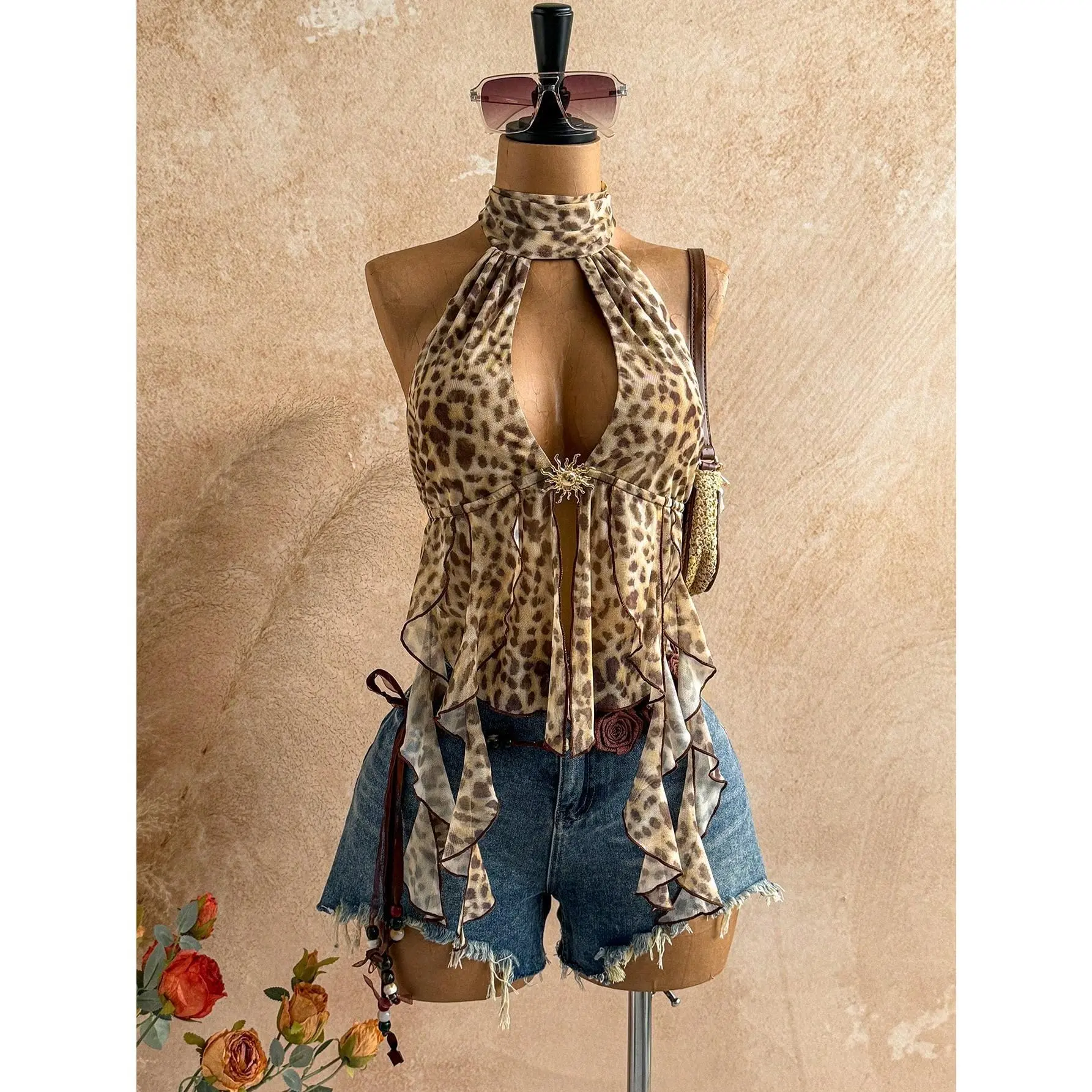 Leopard Print Scarf Backless Bow Tie Strap Flowy Hem Blouse, Suitable For Beach, Seaside, Holiday, Afternoon Tea
