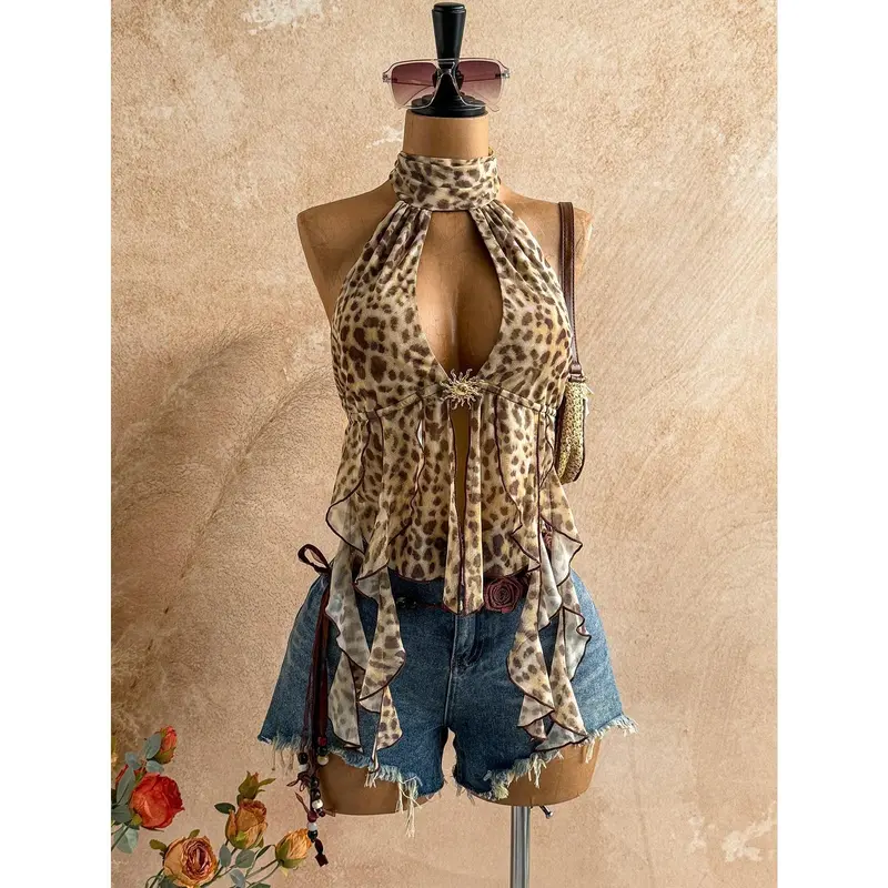 Leopard Print Scarf Backless Bow Tie Strap Flowy Hem Blouse, Suitable For Beach, Seaside, Holiday, Afternoon Tea