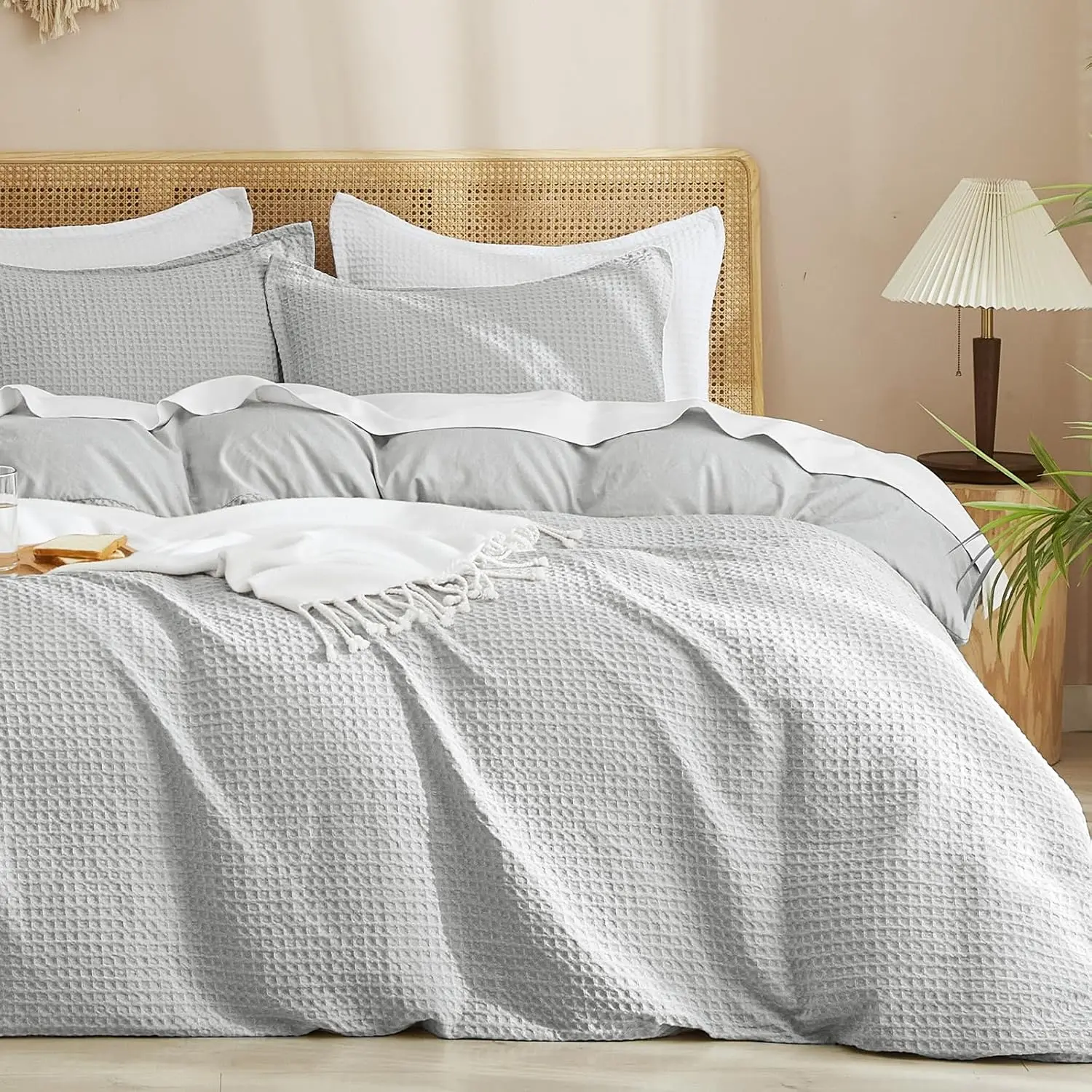 Waffle Weave Duvet Cover Set Queen Size, No Snagging Soft Luxury Textured Breathable Comforter Cover for All Season 3pcs, Bedding Duvet Set with 2 Pillow Shams, 90"x90", Light Grey