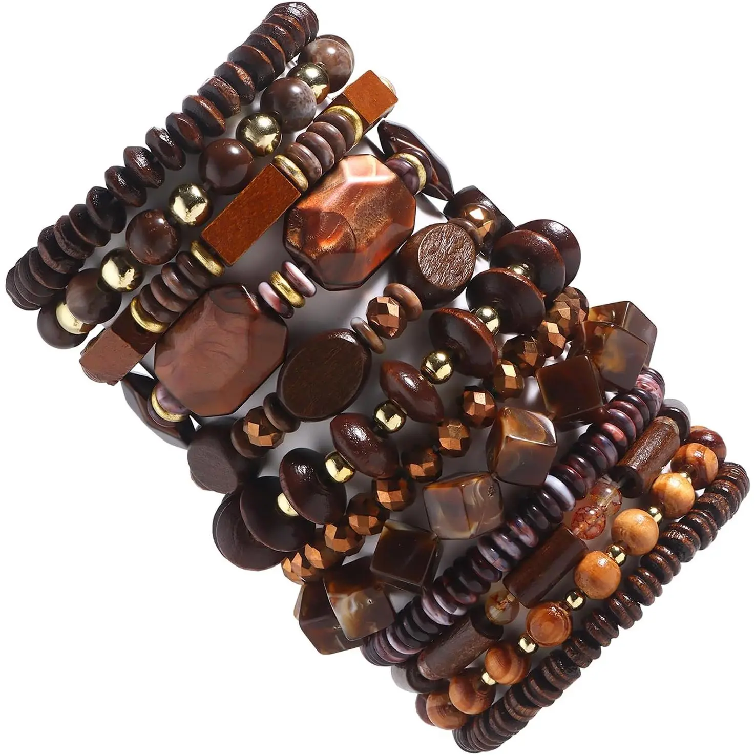 12PCS Punk Wooden Bracelet Set – Adjustable Gothic Beaded Jewelry, Bulk Gift for Women