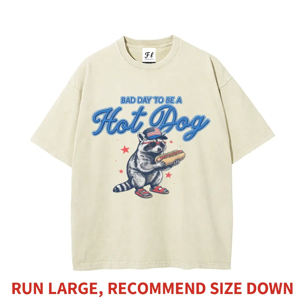 Men's Casual Oversized Boxy Vintage Washed Heavyweight Cotton Tshirt - Short-Sleeve Round Neck, Bad Day To Be A Hot Dog Trash Panda Raccoon BBQ Meme Graphic, for DIY Projects, Classic, Runs Larger, 3xl-5xl Raccoon Graphic Men's Short-Sleeve Tshirts
