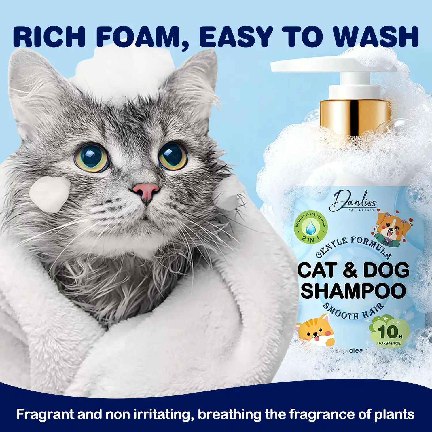 Danliss Pet Shampoo for Cats and Dogs, Gentle Natural Plant-Based Formula, Softens Fur, Fresh Scent, Long-Lasting Fragrance, Puppy Shampoo