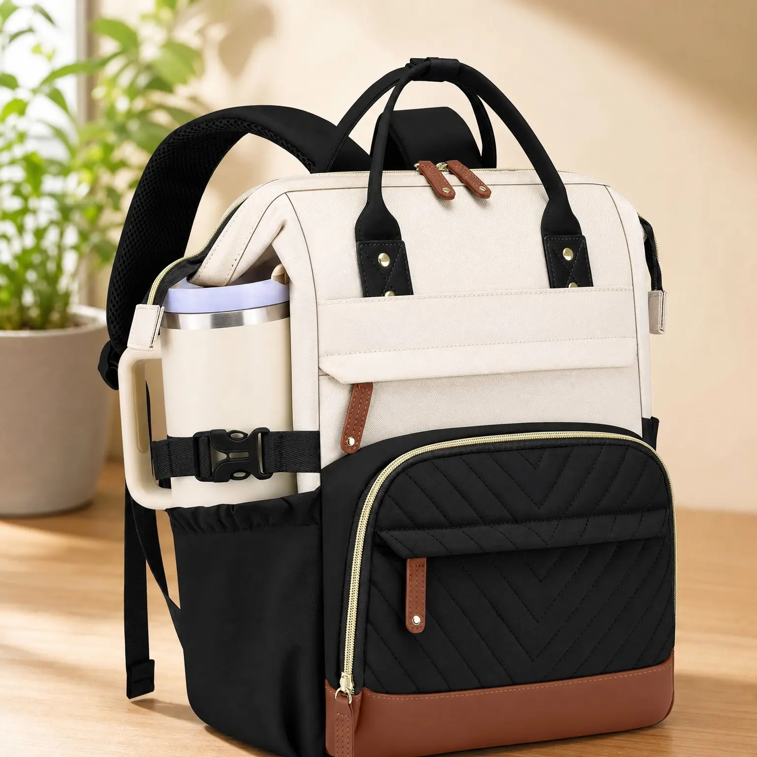 15.6 Inch Laptop Backpack for Women with Tumbler Holder Pocket, Casual College School Bookbag for Teen Girls, Students, Nurses, Teachers, Travel & Work, Beige Black BrownGift