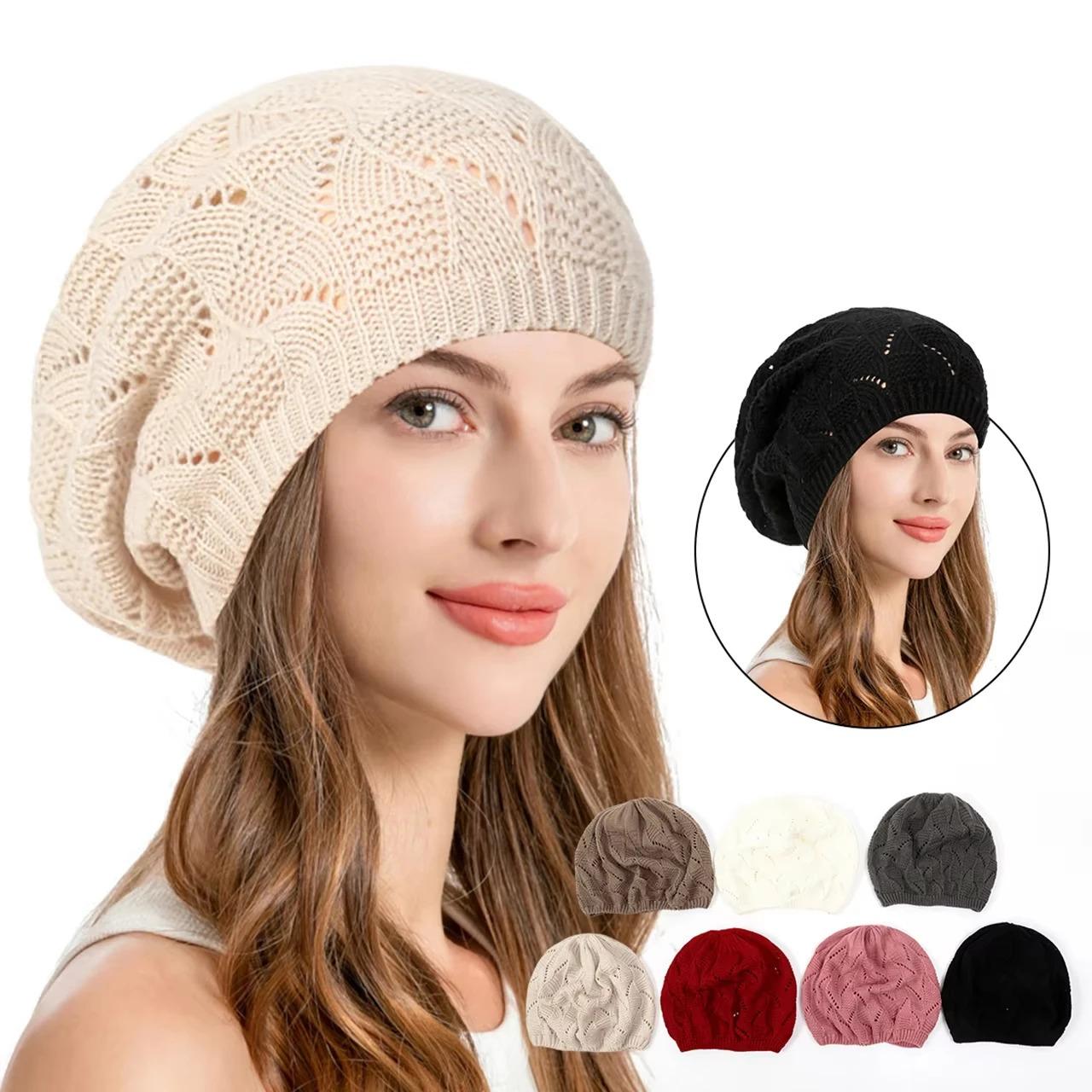 Women Hollow Out Knitted Beret Hat Spring Autumn Elastic Crochet Beanies for Lady Casual Solid Color Painter Artist Caps