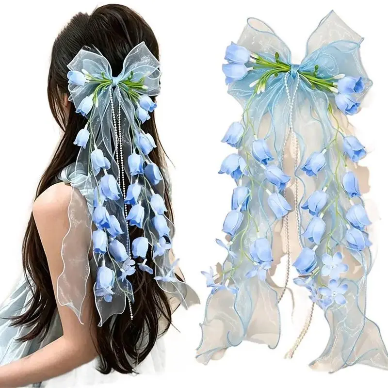 Bride's Wedding Hair Accessory Spring-Summer Long Ribbon Organza Bow Hair Clip-DHY