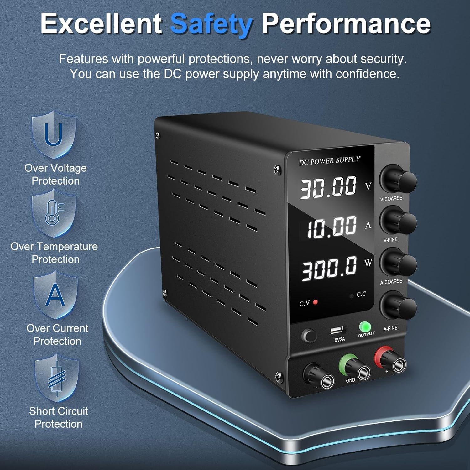 DC Power  Variable 30V 10A, Adjustable Switching Regulated DC Bench Power  with Output   4-Digit LED Display, Benchtop Lab Power Supplies with 5V/2A USB Port